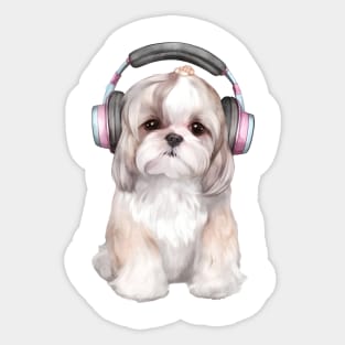 Watercolor Shih Tzu Dog with Headphones Sticker